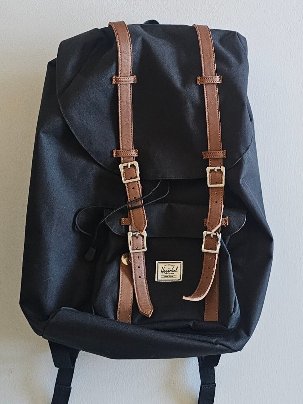 Herschel Supply Little America Black Saddle Backpack Laptop Leather Straps GOOD